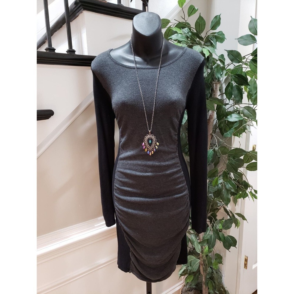 Express Women's Black Gray Round Neck Long Sleeve Knee Length Dress Small Petite